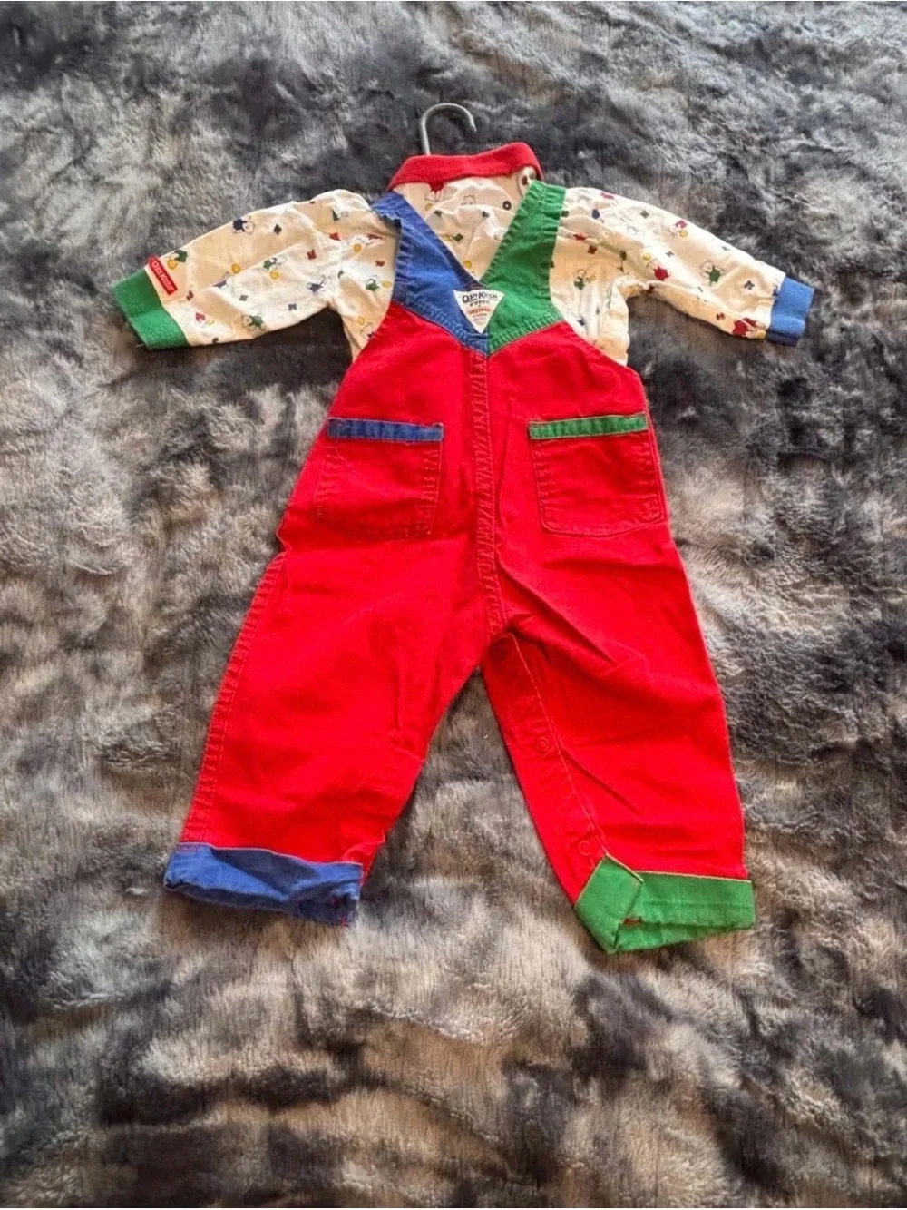 Vintage OshKosh B'gosh Bright Red Overalls with Green & Blue Accents and shirt